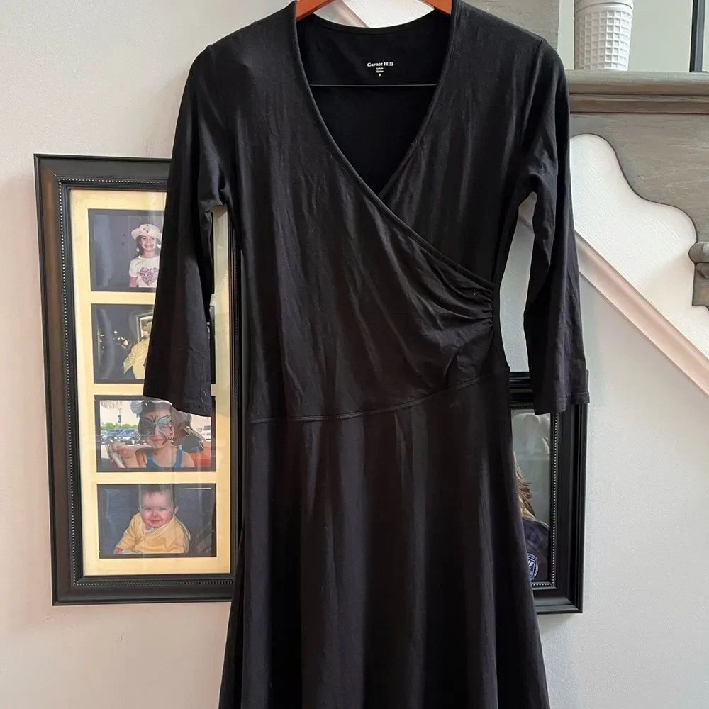 Garnet Hill Black Faux Wrap Long Sleeve Jersey Dress sz S